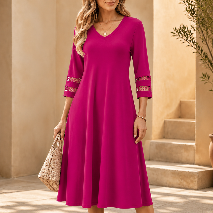 Abigail | Graceful V-Neck A-Line Midi Dress with Sleeves