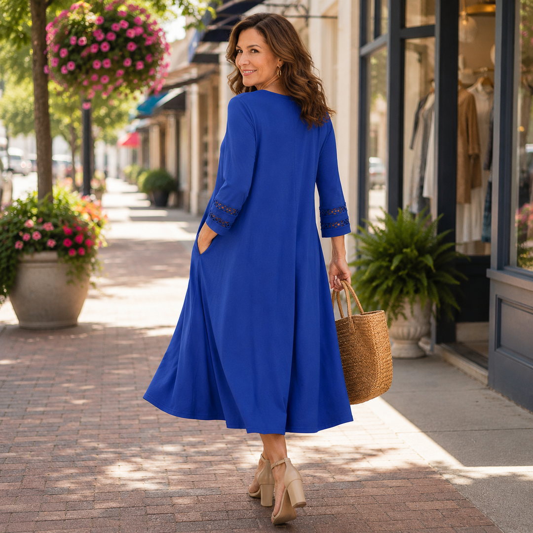 Abigail | Graceful V-Neck A-Line Midi Dress with Sleeves