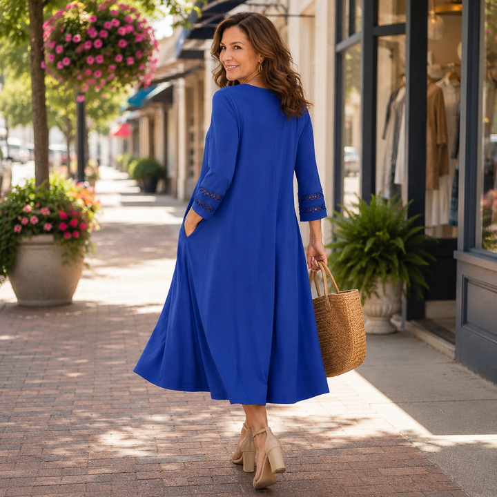 Abigail | Graceful V-Neck A-Line Midi Dress with Sleeves