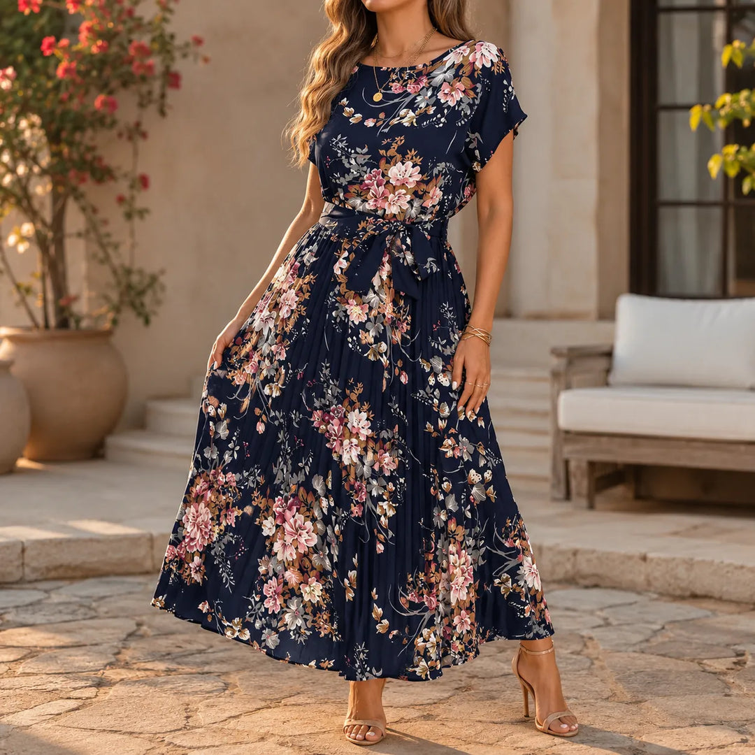 Addison | Refined Floral Pleated Midi Dress with Sleeves