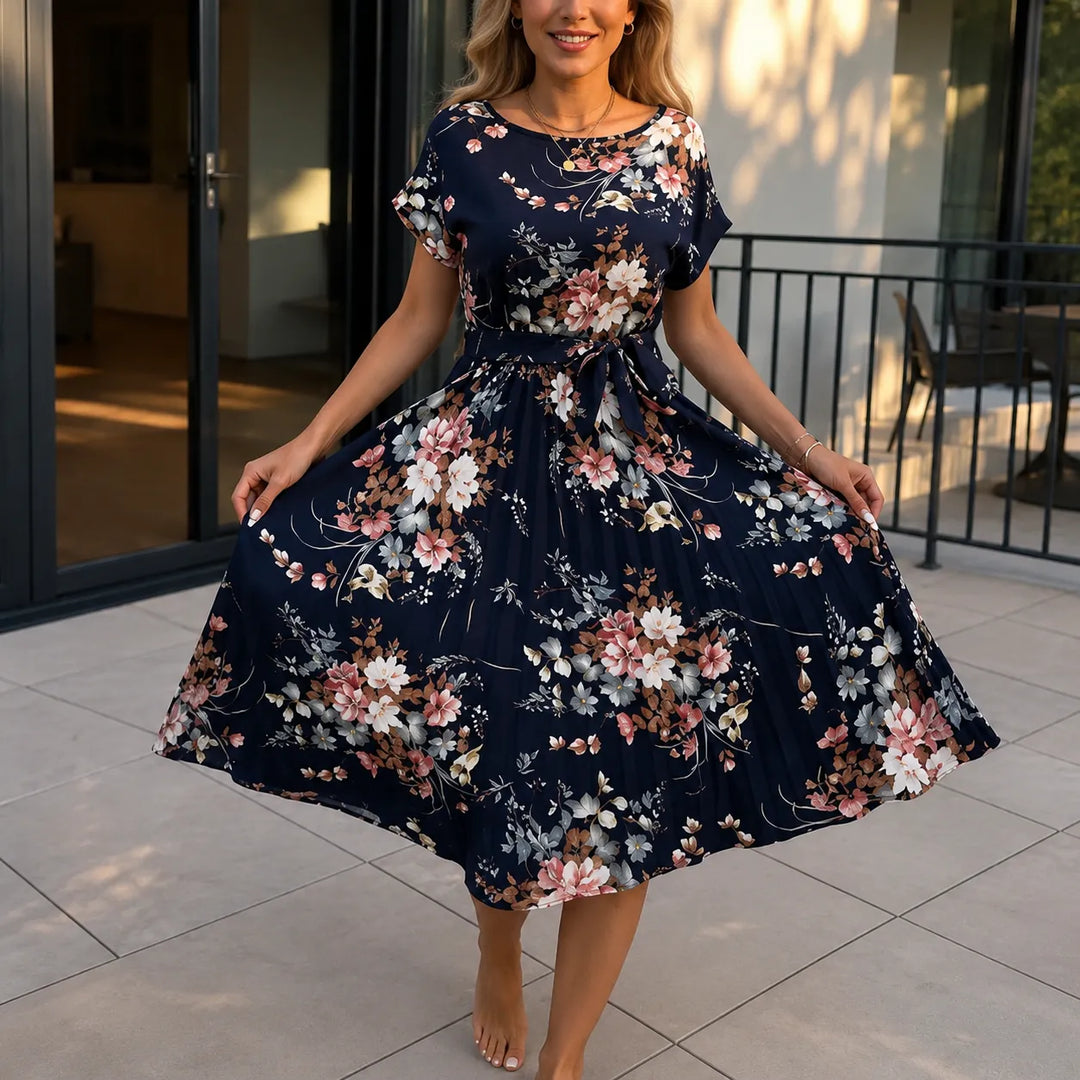 Addison | Refined Floral Pleated Midi Dress with Sleeves