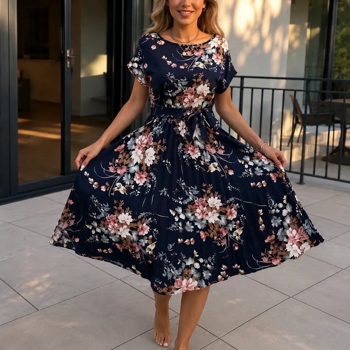 Addison | Refined Floral Pleated Midi Dress with Sleeves