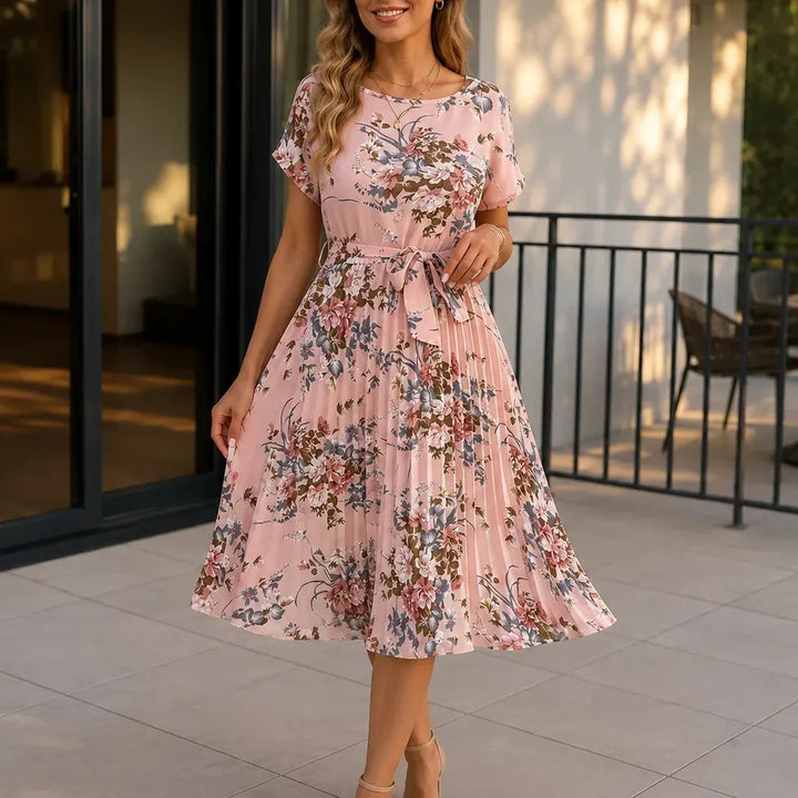 Addison | Refined Floral Pleated Midi Dress with Sleeves