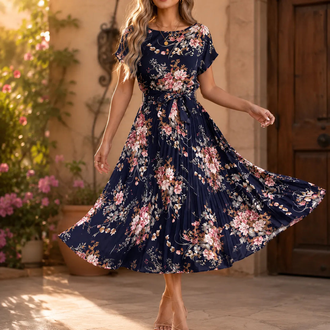 Addison | Refined Floral Pleated Midi Dress with Sleeves