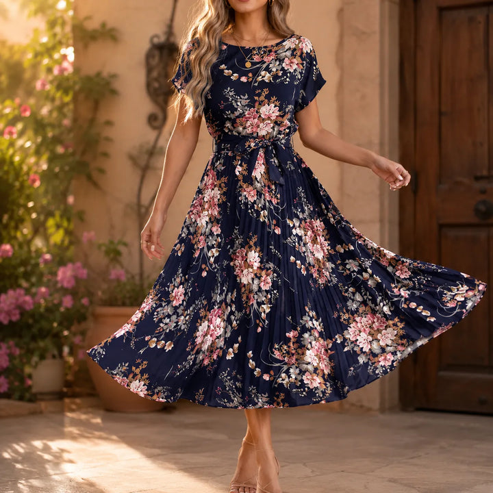 Addison | Refined Floral Pleated Midi Dress with Sleeves