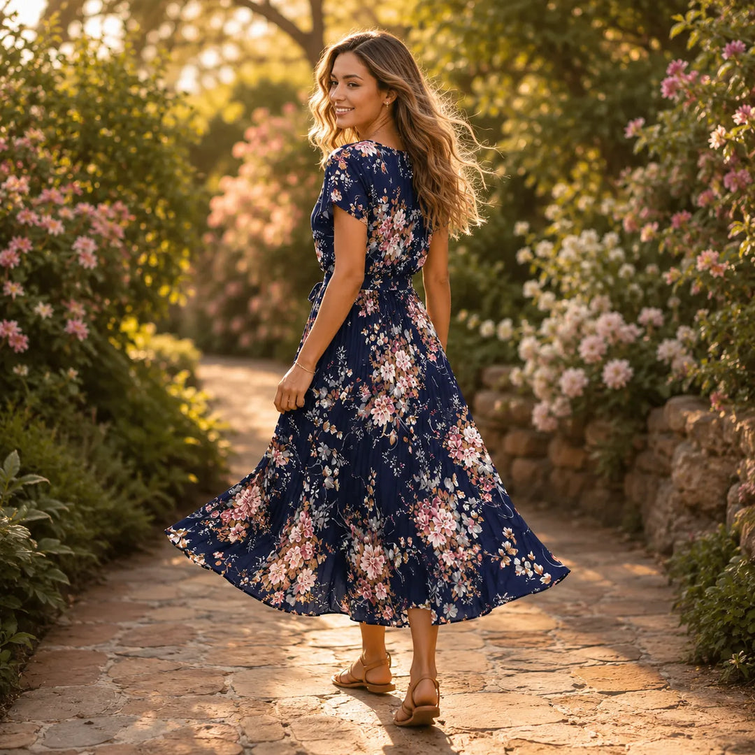 Addison | Refined Floral Pleated Midi Dress with Sleeves