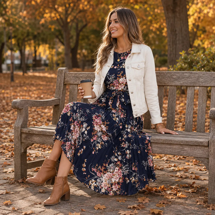 Addison | Refined Floral Pleated Midi Dress with Sleeves