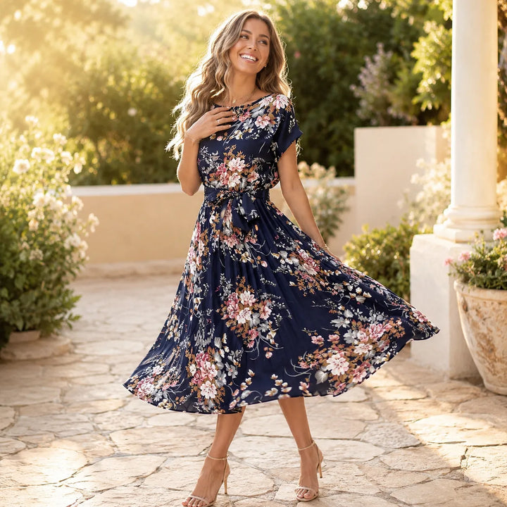 Addison | Refined Floral Pleated Midi Dress with Sleeves