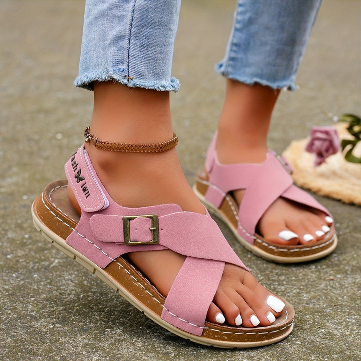 Adeline | Polished Cross Strap Buckle Flat Sandals