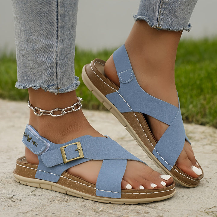 Adeline | Polished Cross Strap Buckle Flat Sandals