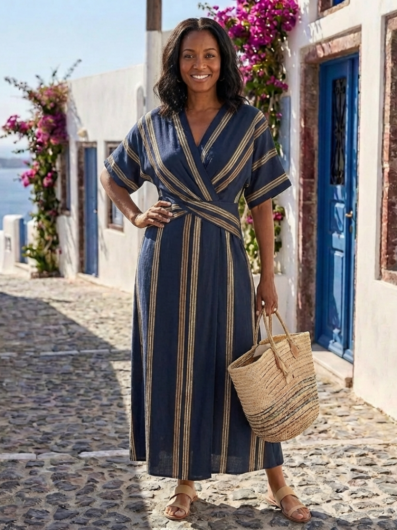 Amara | Classic Striped Wrap Midi Dress with Sleeves