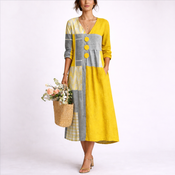 Audrey | Elegant Patchwork V-Neck Midi Summer Dresses
