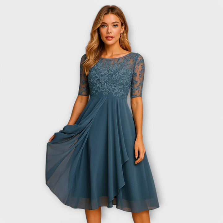Aurora | Sophisticated Embroidered A-Line Midi Dress with Sleeves