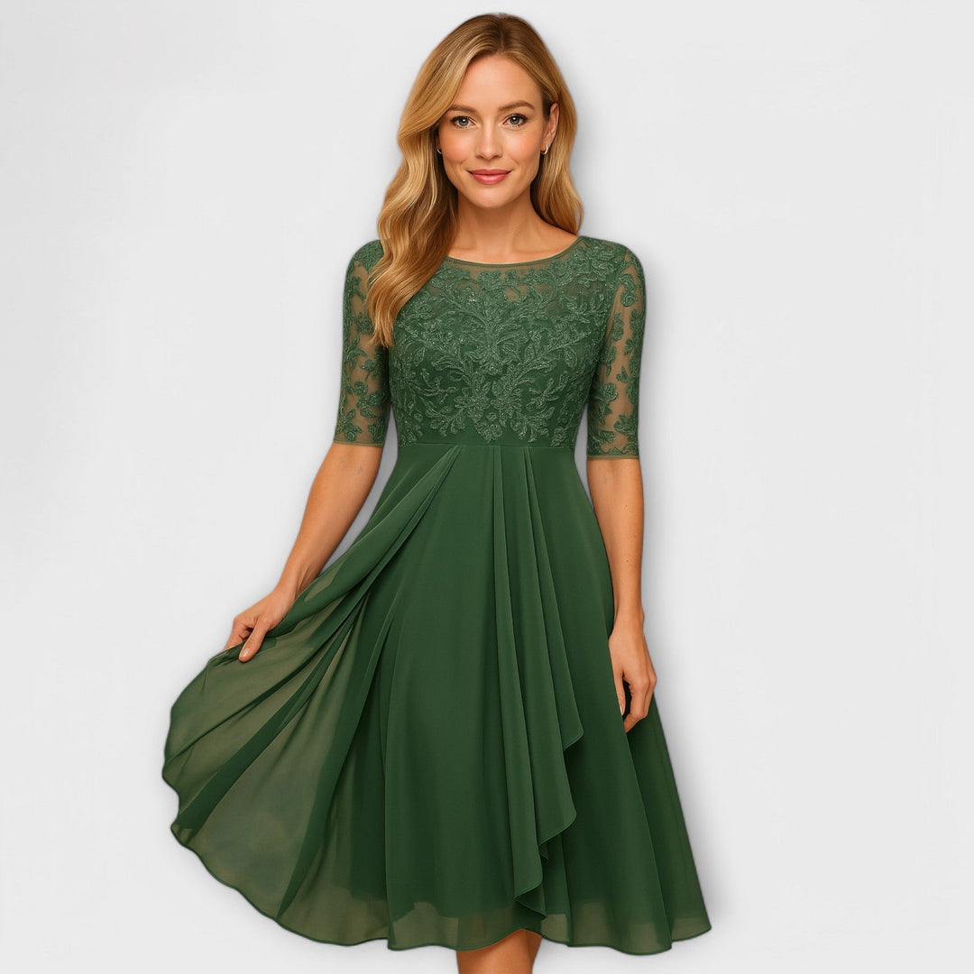 Aurora | Sophisticated Embroidered A-Line Midi Dress with Sleeves