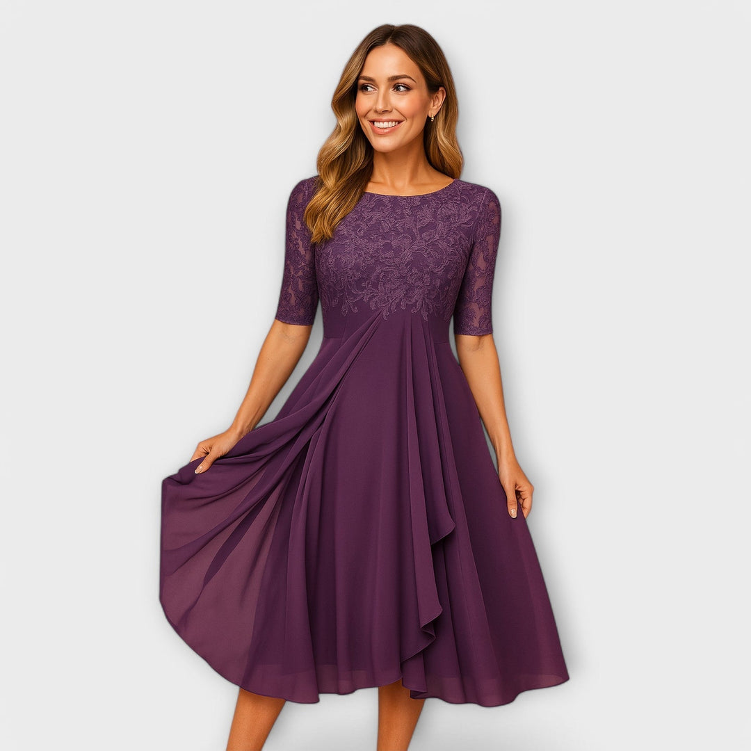 Aurora | Sophisticated Embroidered A-Line Midi Dress with Sleeves