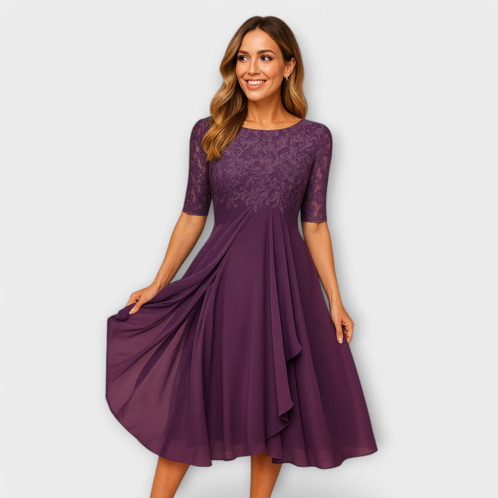 Aurora | Sophisticated Embroidered A-Line Midi Dress with Sleeves
