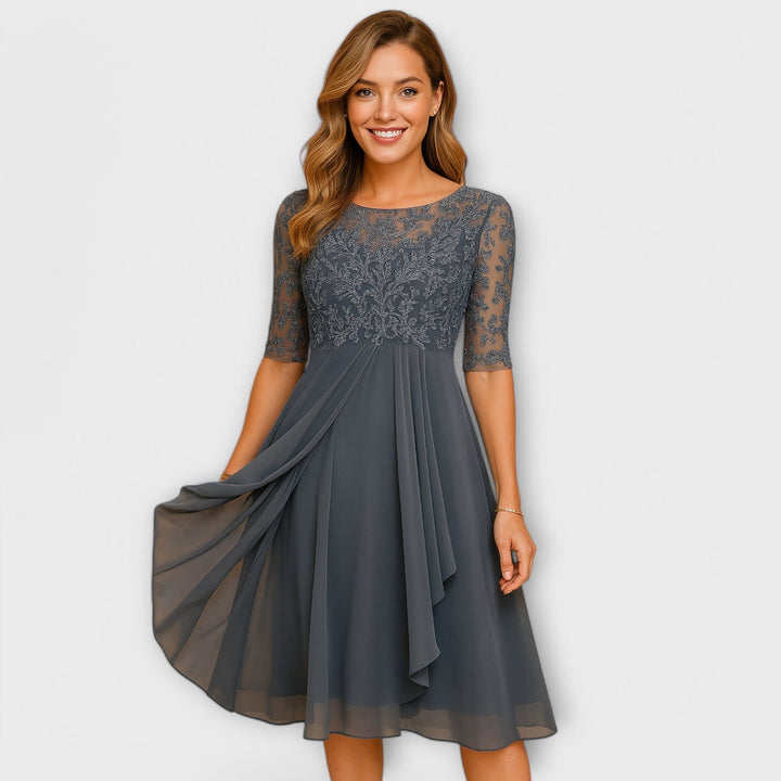 Aurora | Sophisticated Embroidered A-Line Midi Dress with Sleeves