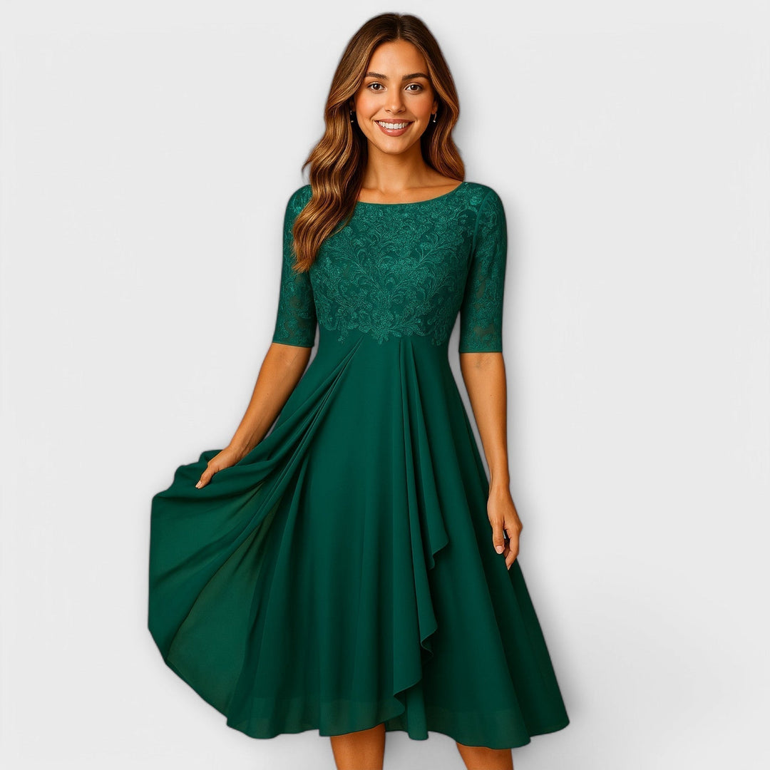 Aurora | Sophisticated Embroidered A-Line Midi Dress with Sleeves