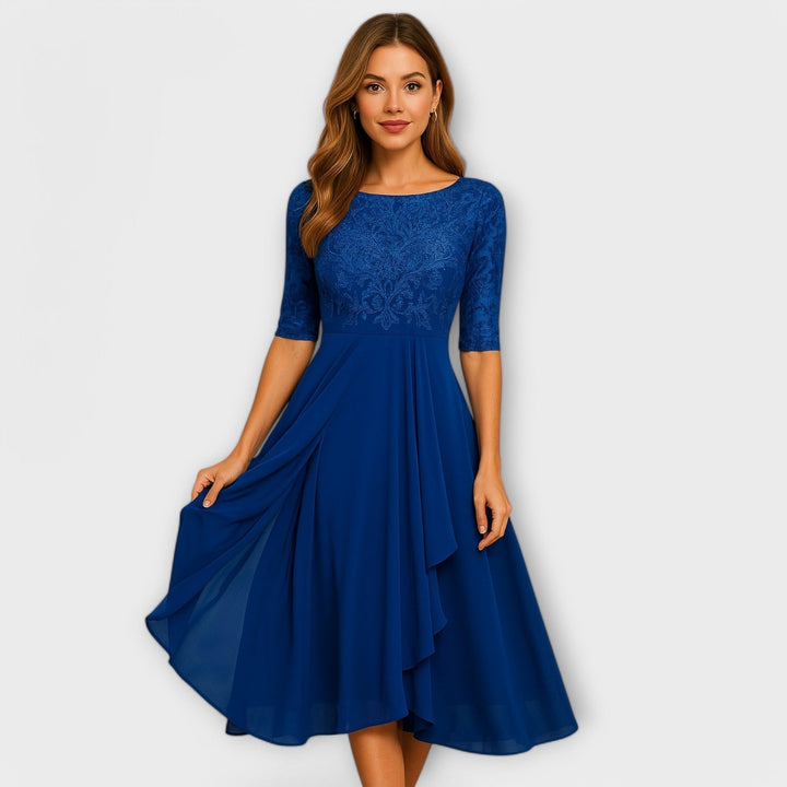 Aurora | Sophisticated Embroidered A-Line Midi Dress with Sleeves
