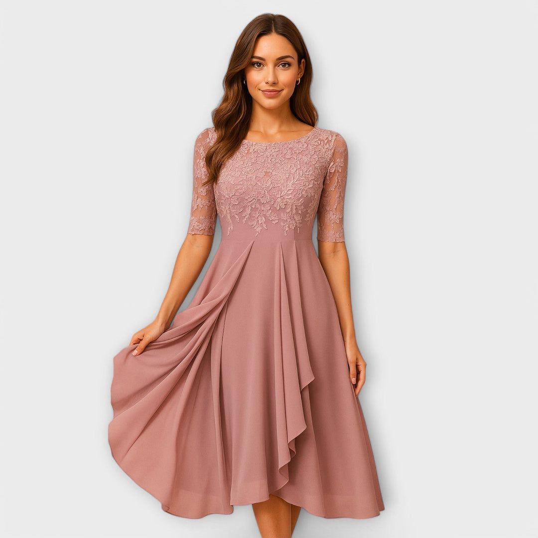 Aurora | Sophisticated Embroidered A-Line Midi Dress with Sleeves