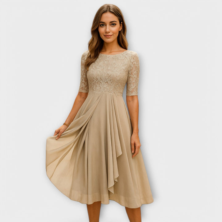 Aurora | Sophisticated Embroidered A-Line Midi Dress with Sleeves