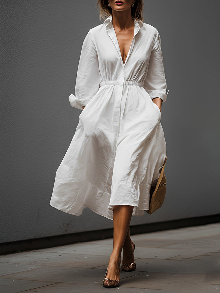 Daisy | Elegant Collared Elastic Waist Midi Linen Dress