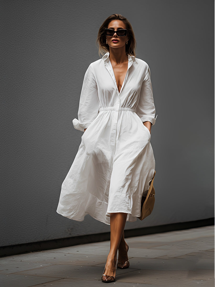 Daisy | Elegant Collared Elastic Waist Midi Linen Dress