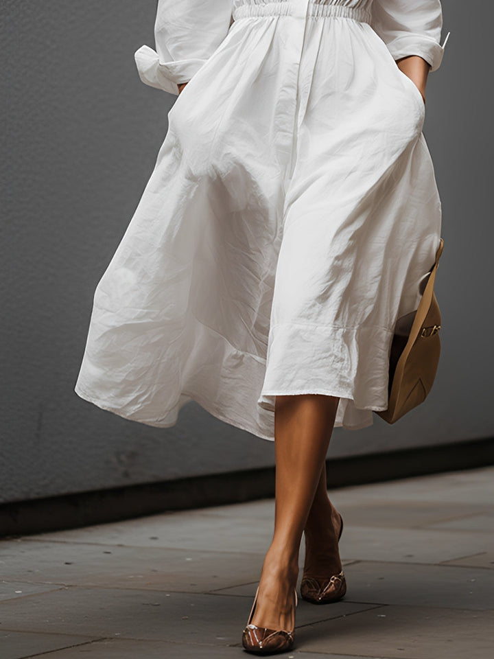 Daisy | Elegant Collared Elastic Waist Midi Linen Dress
