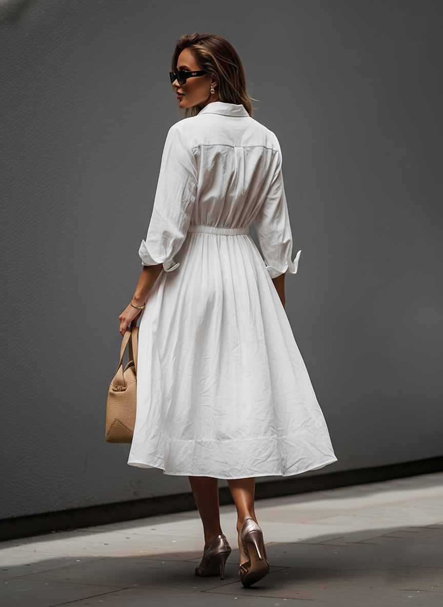 Daisy | Elegant Collared Elastic Waist Midi Linen Dress