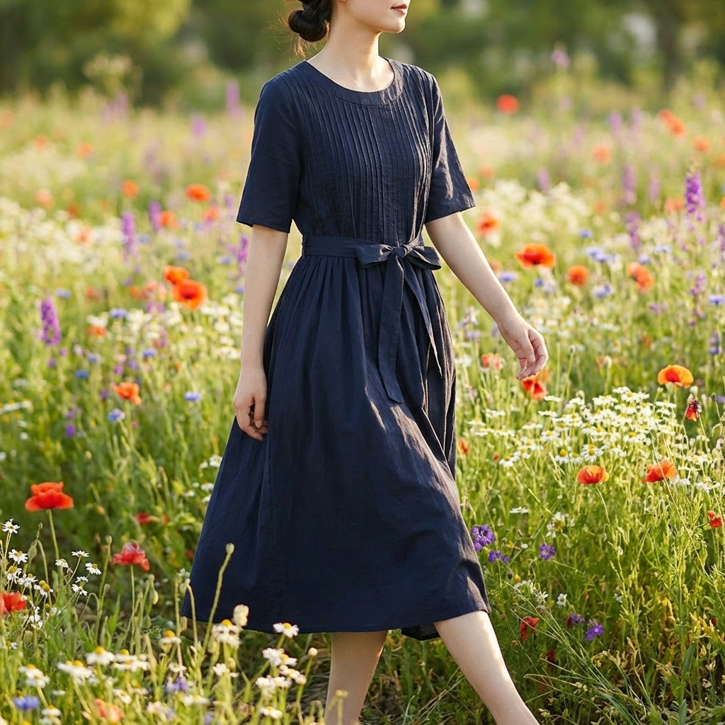 Delilah | Relaxed Pleated Midi Dress with Sleeves