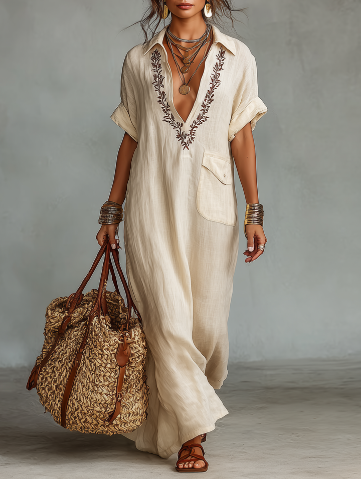 Delilah | Stylish Embroidered Short Sleeve Maxi Linen Dress