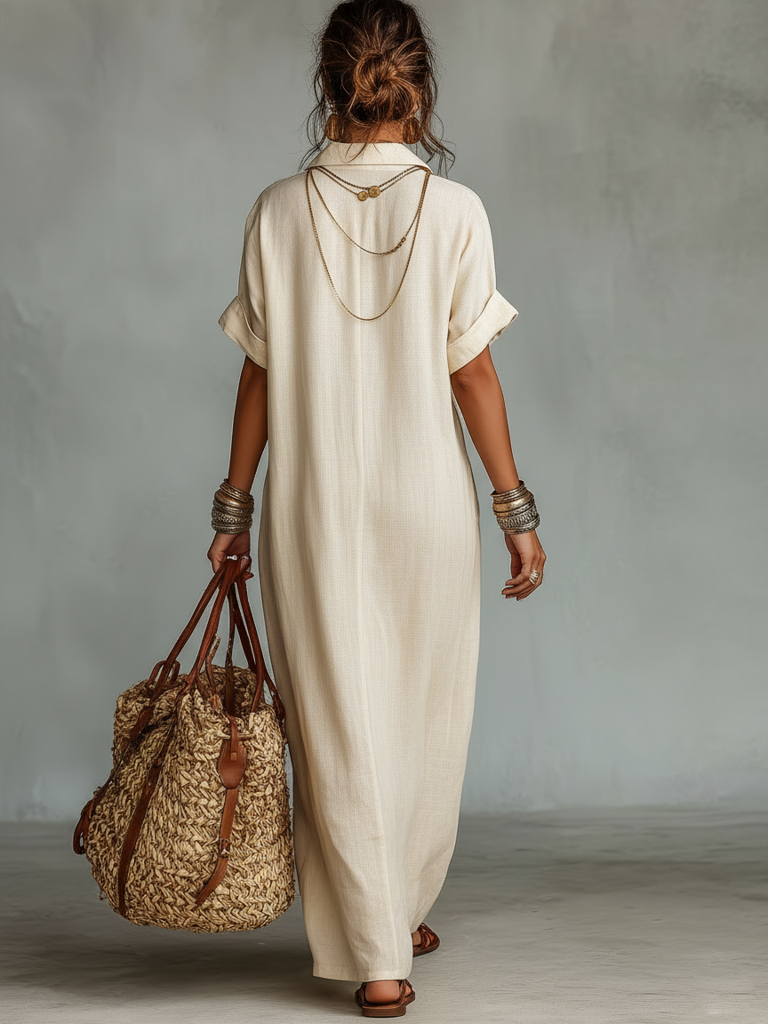 Delilah | Stylish Embroidered Short Sleeve Maxi Linen Dress