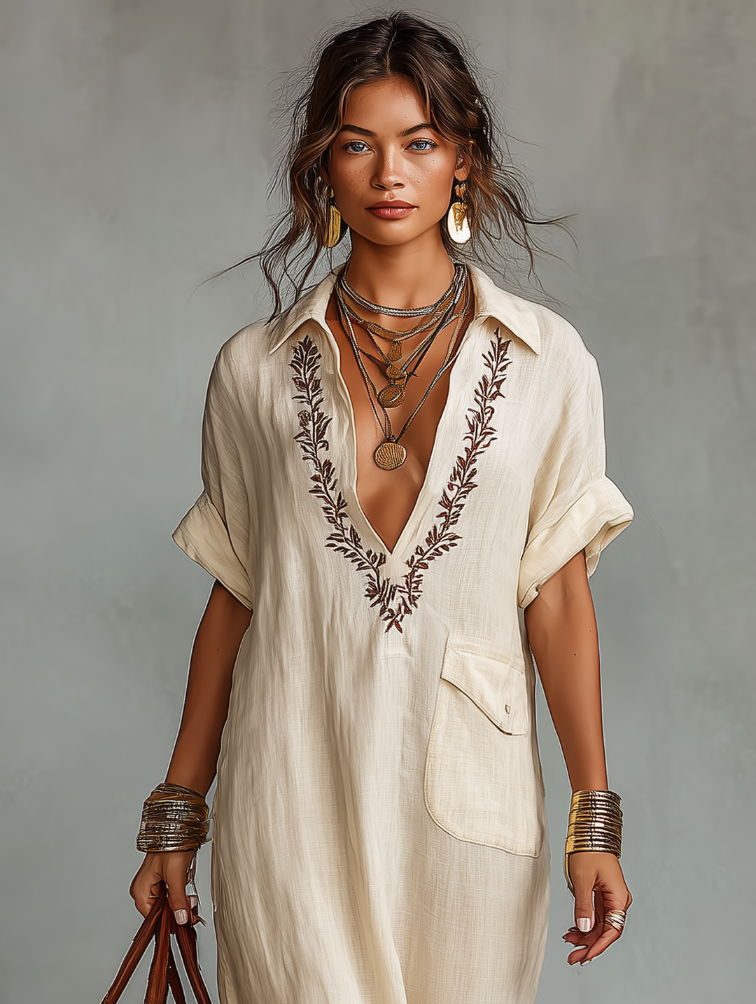 Delilah | Stylish Embroidered Short Sleeve Maxi Linen Dress