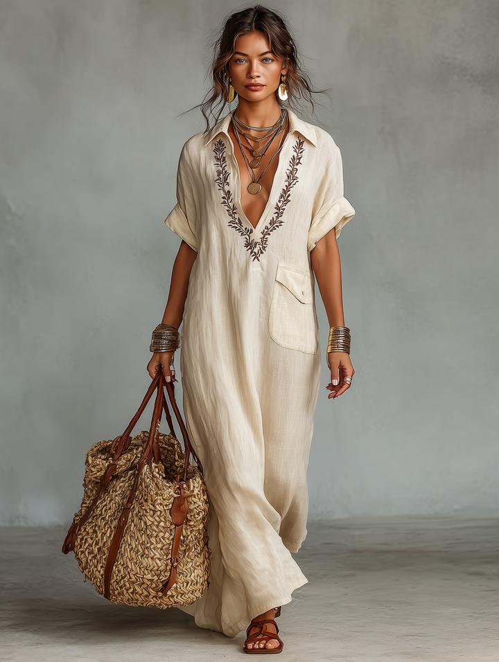Delilah | Stylish Embroidered Short Sleeve Maxi Linen Dress