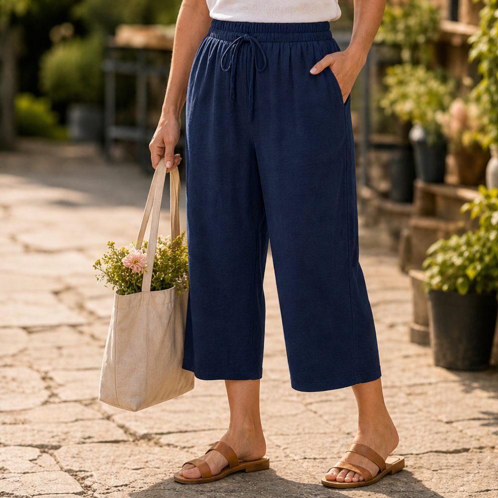 Elena | Cropped Wide Leg Drawstring Linen Pants
