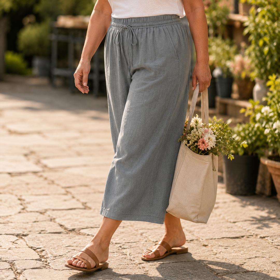 Elena | Cropped Wide Leg Drawstring Linen Pants