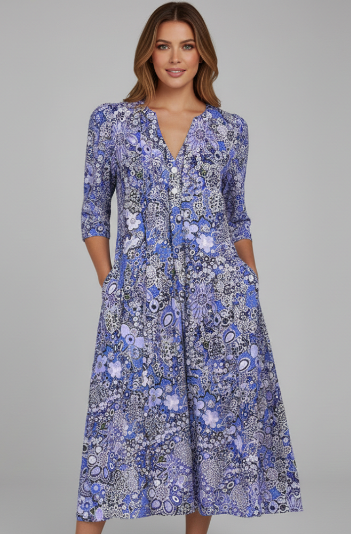 Eliana | Timeless Floral V-Neck Midi Dress with Sleeves