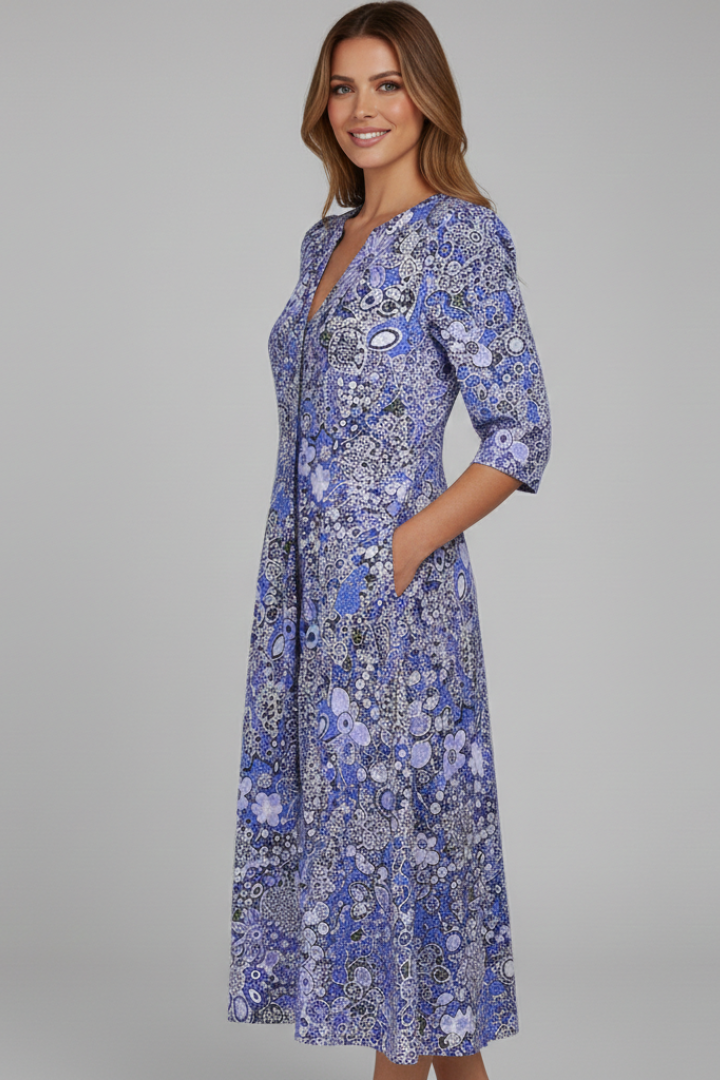 Eliana | Timeless Floral V-Neck Midi Dress with Sleeves
