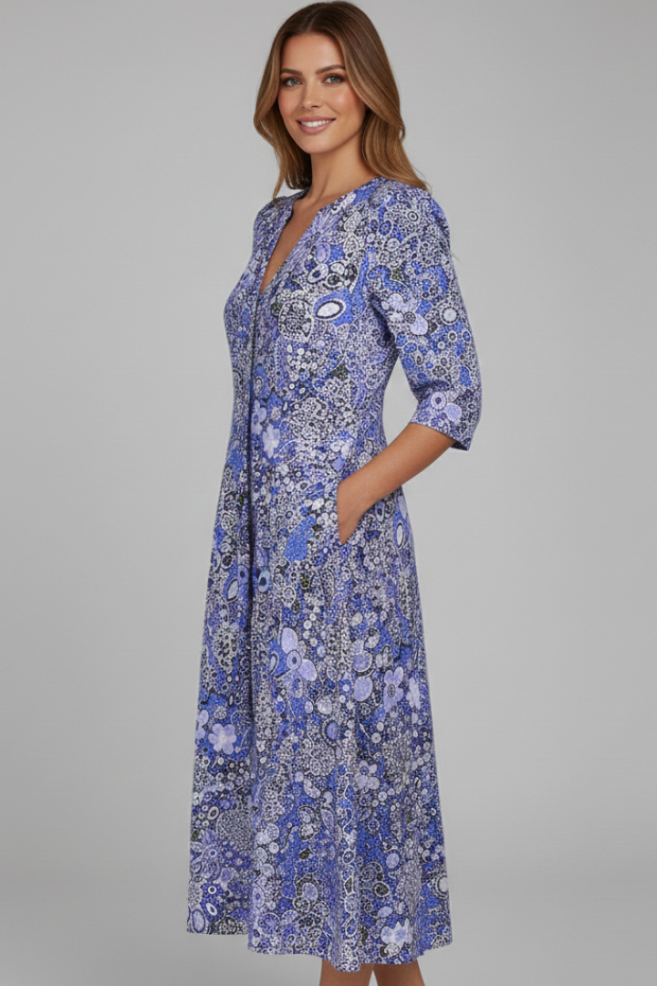 Eliana | Timeless Floral V-Neck Midi Dress with Sleeves