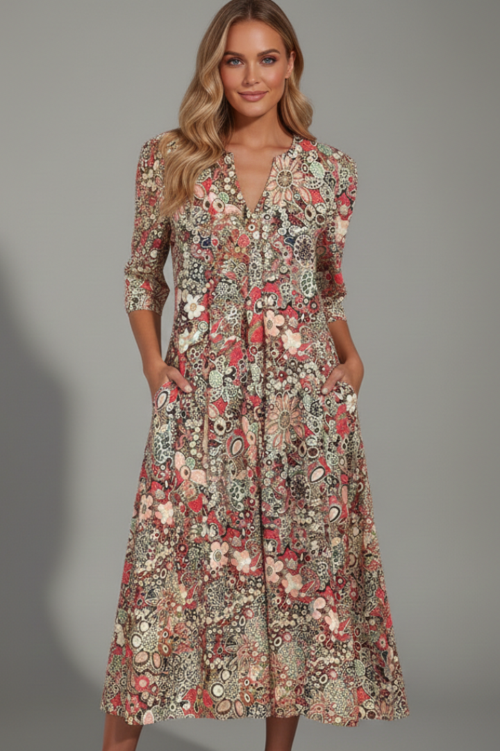 Eliana | Timeless Floral V-Neck Midi Dress with Sleeves