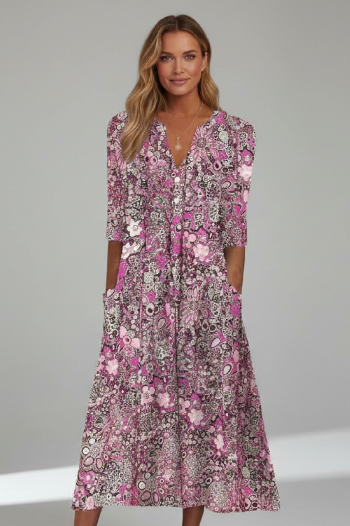Eliana | Timeless Floral V-Neck Midi Dress with Sleeves