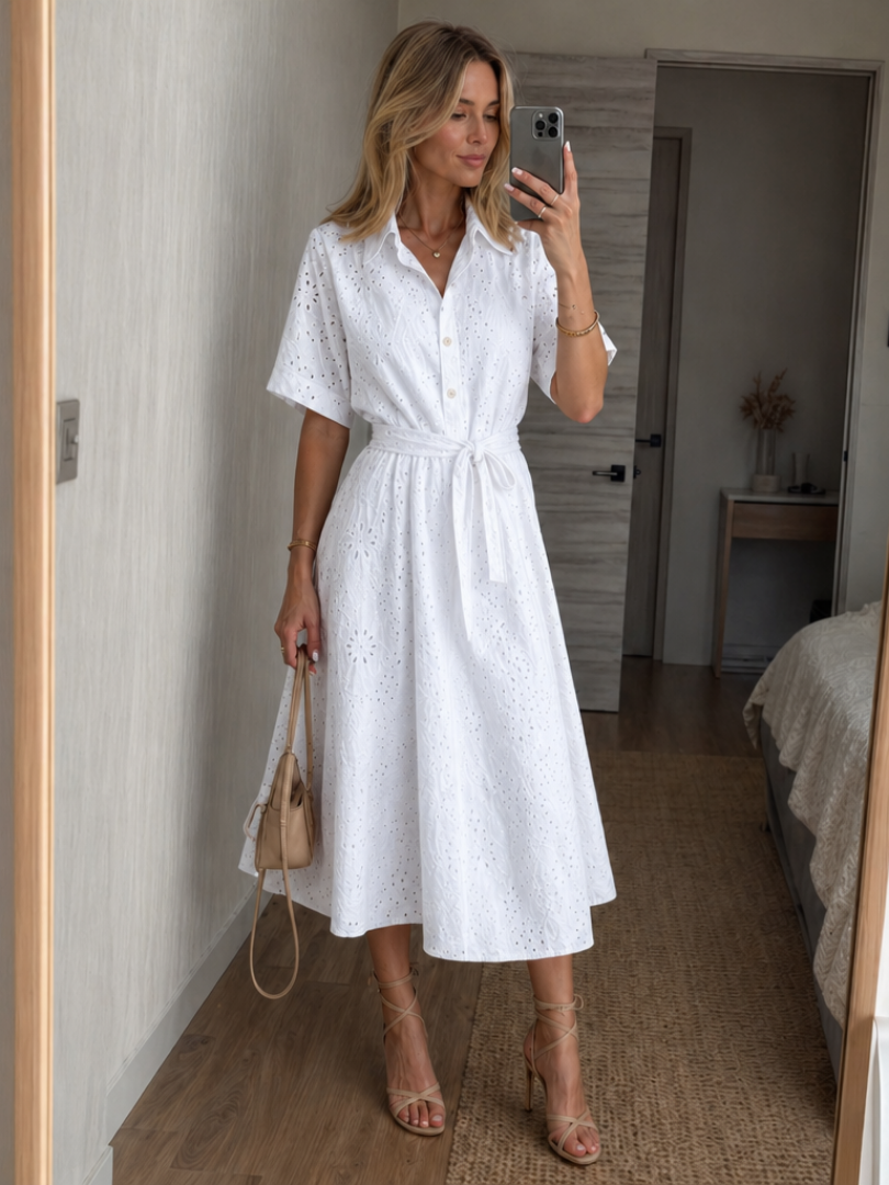 Elizabeth | Effortless Eyelet Midi Dress with Sleeves