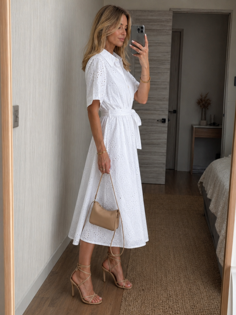 Elizabeth | Effortless Eyelet Midi Dress with Sleeves