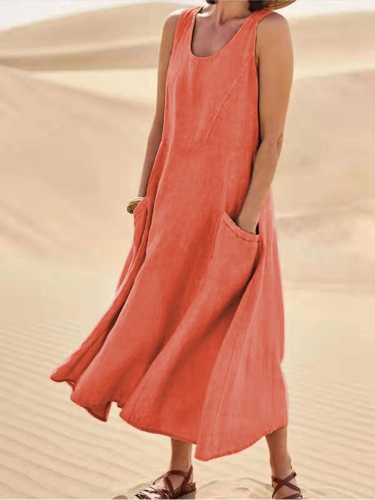 Elizabeth | Effortless Sleeveless A-Line Midi Linen Dress