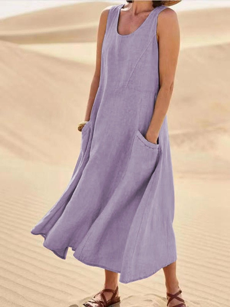 Elizabeth | Effortless Sleeveless A-Line Midi Linen Dress