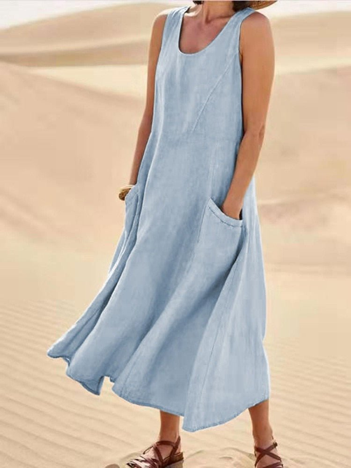 Elizabeth | Effortless Sleeveless A-Line Midi Linen Dress