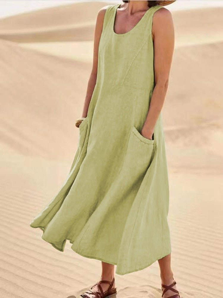 Elizabeth | Effortless Sleeveless A-Line Midi Linen Dress