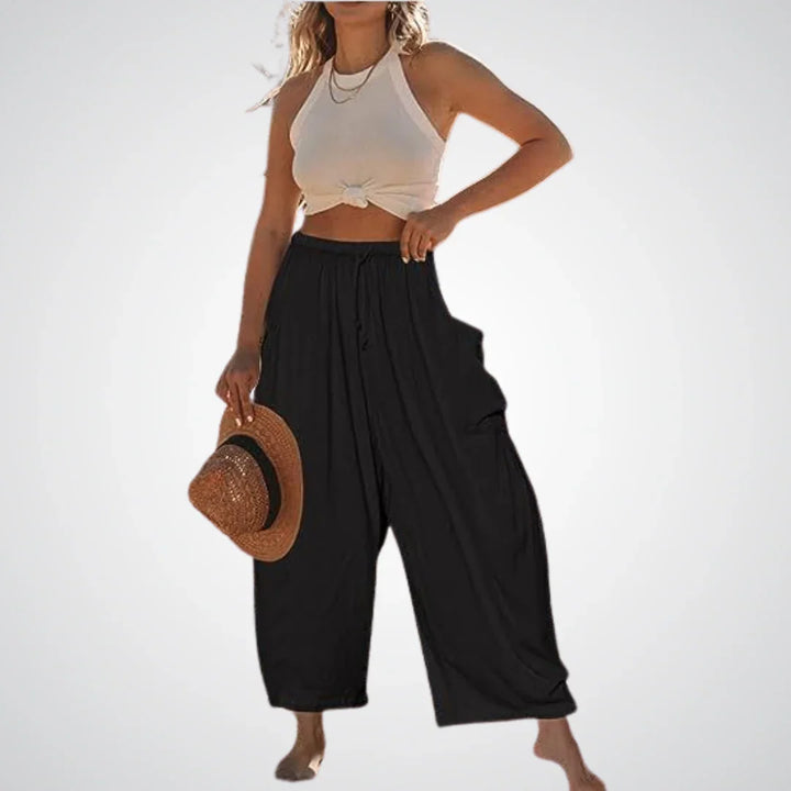 Ella | Relaxed Drawstring Wide Leg Linen Pants