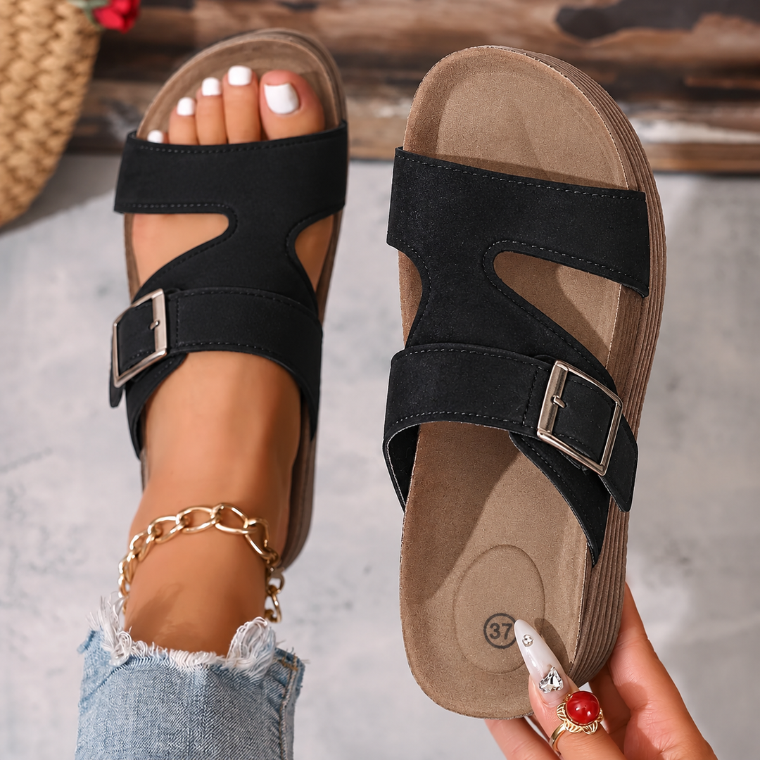 Emma | Classic Open Toe Buckle Flat Sandals