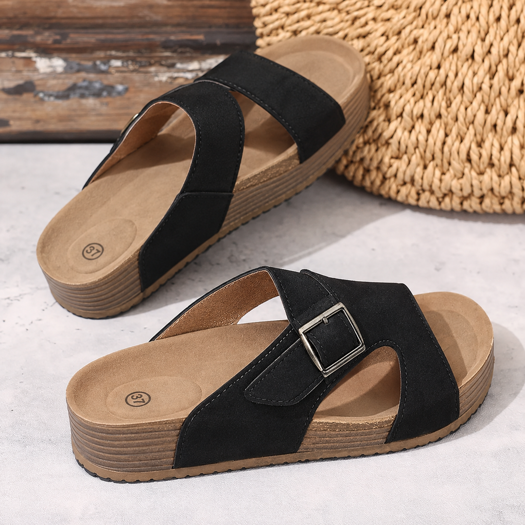 Emma | Classic Open Toe Buckle Flat Sandals